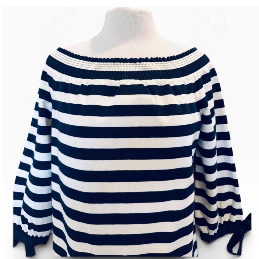 JCrew Stripe Off Shoulder Quarter Sleeve Tied Cuffs Mini Shift Dress Navy Ivory - Picture 5 of 9